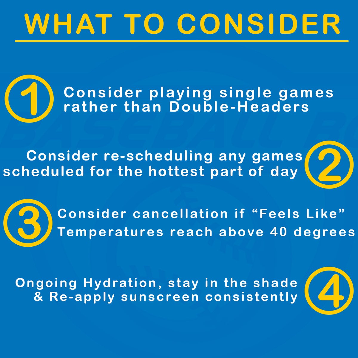 With the upcoming potential record breaking temperatures headed our way, please be advised to take caution in the sun and consider making adjustments 🌞🥵

Click the link below for info on how to stay safe in the sun
baseball.ca/infographic-av…