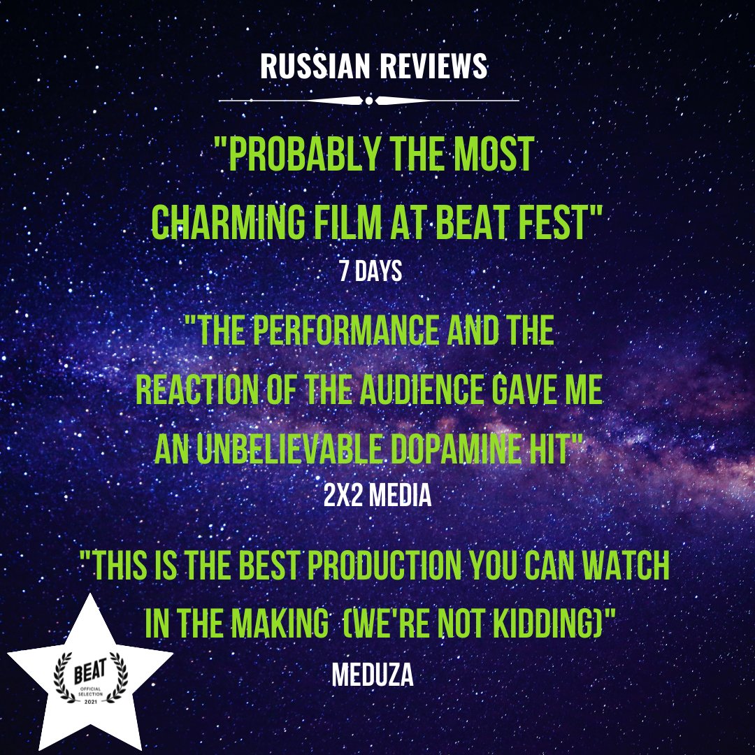 alienonstagedoc's tweet photo. 😁💚🎞️ 😁 💚🎞️
Thank you so much to @beatfest for screening our film in Russia.
We have translated all the reviews you sent and we're very happy.
Please see our facebook post for links to the original reviews
#alienonstagedoc
#beatfest
#goodreviews https://t.co/zSc8X9Gbgn