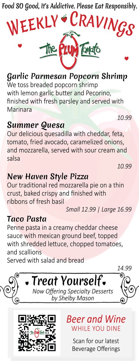 Summer Time and the Food is Gooood - This week, New Haven Style Pies are back along with some other faves, starting at 5 in Colchester
.
.
.
#theplumtomato #itsaddictive #weeklycravings #foodislove #getinmybelly #colchesterct #salemct