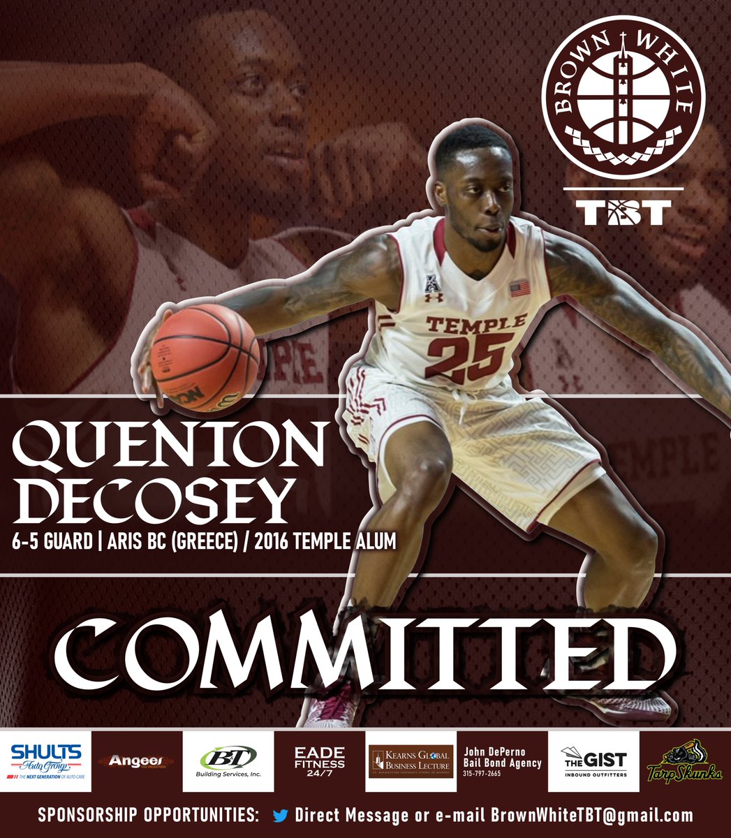 BrownWhiteTBT's tweet photo. COMMITMENT: We've filled one of our two open roster spots with a good one! Bona fans, welcome new Honorary Bonnie, Quenton DeCosey.

@TooSmoothQ25 was First Team All-AAC with Temple in 2016, and has since enjoyed a successful pro career in Italy, the G-League, and now Greece. https://t.co/ZWflE1pyLp