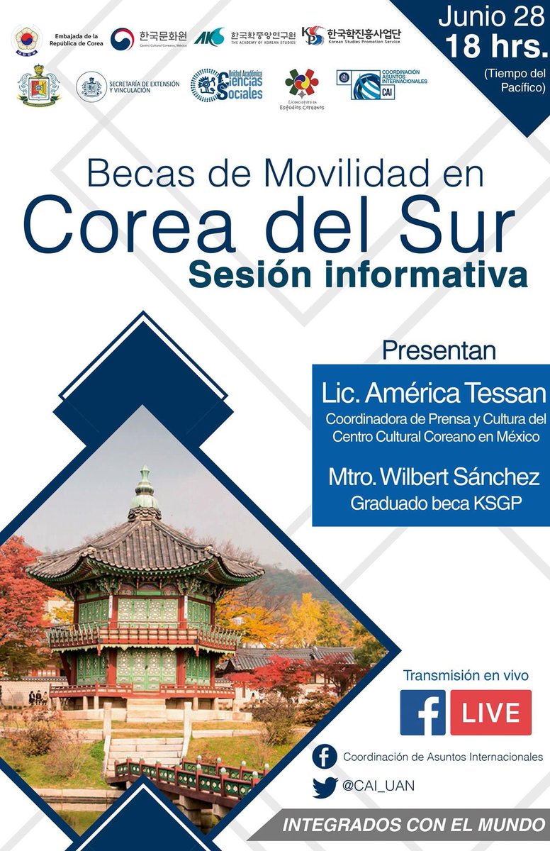 UAN_Oficial's tweet photo. ¿Te interesaría viajar a Corea del Sur y aprender sobre su idioma y cultura? 🇰🇷
¡Aquí te contamos más al respecto! 📝 Conéctate a la sesión informativa sobre las Becas de Movilidad, que se transmitirá en vivo el próximo 28 de junio a las 6pm. 📅 https://t.co/yb0CxDTlGp