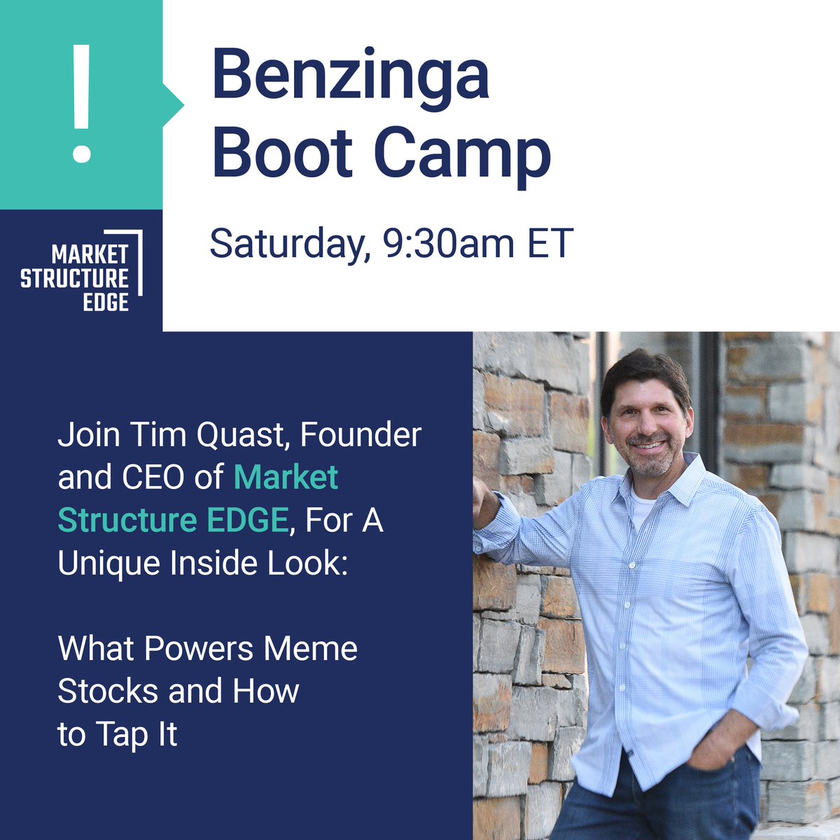 EdgeStructure's tweet image. Join @_TimQuast, Founder and CEO of ModernIR and Market Structure EDGE this Saturday for the Benzinga Boot Camp at 9:30am ET! Sign up for the Benzinga Boot Camp here: events.benzinga.com/registration16…! 

#MarketStructureEDGE #MarketStructure #Stocks #StockMarket #Benzinga #BenzingaBootCamp