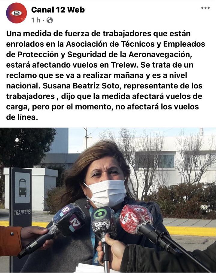 👉🏻 Susana Soto, delegada de ATEPSA “la medida afectará a los vuelos de carga, pero por el momento, no afectará los vuelos de línea”

<a href="/Canal12web/">Canal 12</a>  <a href="/ElChubut/">Diario EL CHUBUT</a>