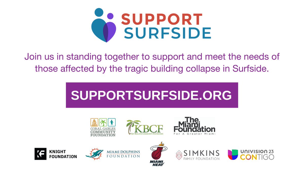 MiamiFoundation's tweet photo. Over 2500 donors have rallied together to support our Surfside neighbors impacted by the recent devastating events as the rescue efforts continue. The #SupportSurfside hardship fund continues to accept donations to directly support those affected at https://t.co/bNr2qdh7Xq https://t.co/odigyp6RHV