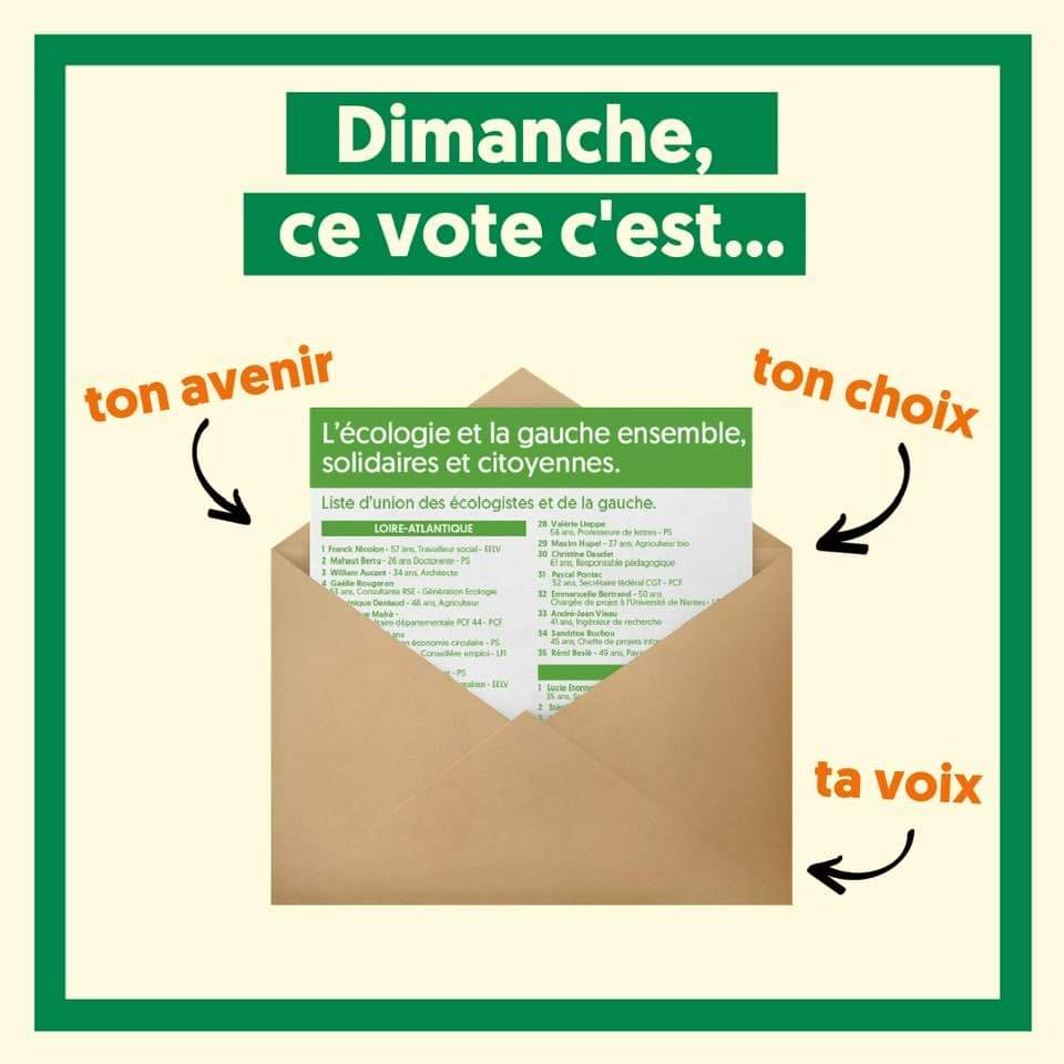 BringuyS's tweet photo. Pour moi, le choix est clair. Dimanche, je choisis L'écologie et la gauche ensemble : solidaires &amp; citoyennes . 
Choix de 💚, choix de raison, choix de conviction.
#Regionale2021 #pdl https://t.co/8WBwiTXjHZ