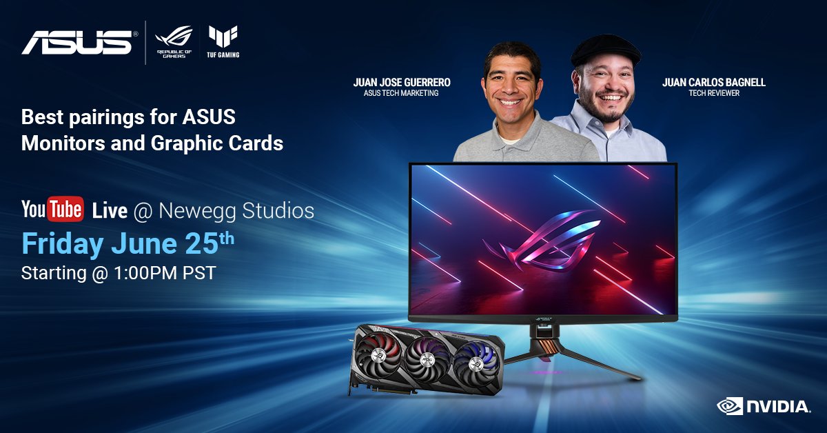 RTX 3070 GIVEAWAY on today's LIVE STREAM at 1 p.m. PT. Learn which @ASUS_ROGNA monitors pair best with your graphics card! Listen to JC Bagnell and Juan Jose Guerrero from ASUS talk shop, and enter for a chance to win newegg.io/573bb5e