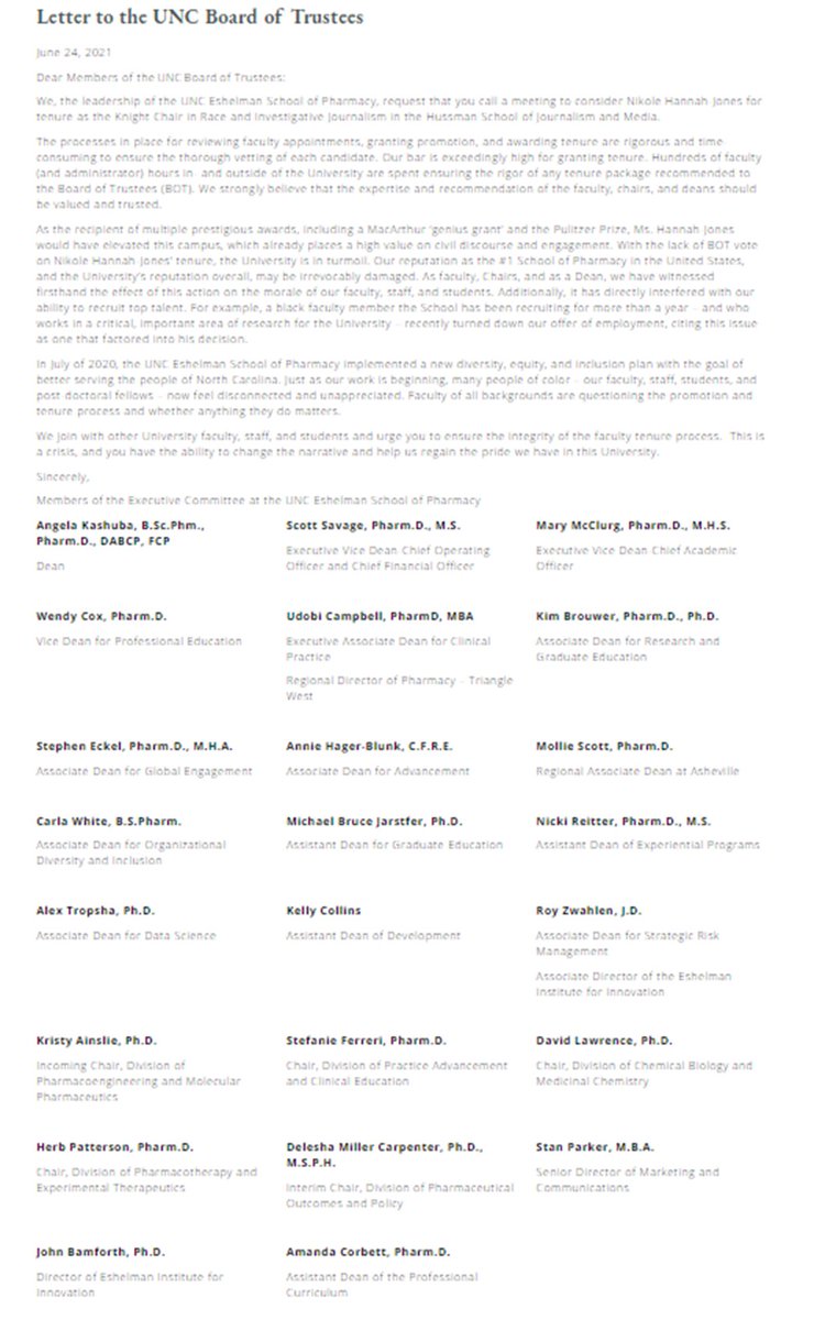In solidary with the diverse community we embrace at <a href="/UNCPharmacy/">UNC Pharmacy</a>, my colleagues and I have issued a letter to the UNC Board of Trustees regarding <a href="/nhannahjones/">Ida Bae Wells</a>.   

pharmacy.unc.edu/about/our-dive…