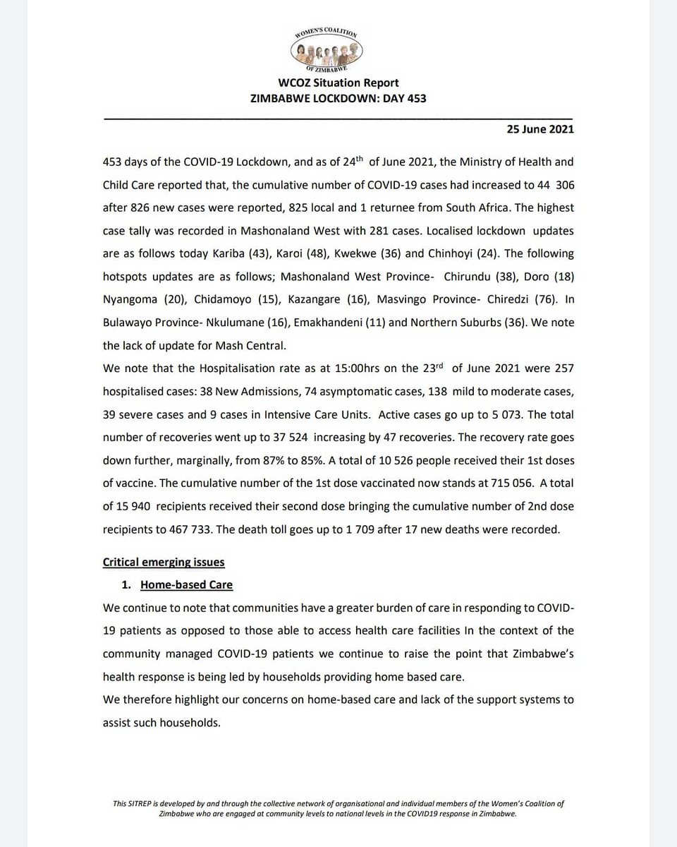 WCOZIMBABWE's tweet photo. 'We continue to note that communities have a greater burden of care in responding to #COVID19 patients as opposed to those able to access health care facilities'
#COVID19outbreak
#lockdownzim
@sallyncube @EverniceMunando @memorykadau @RejoiceNhara @984Midlands @NewsDayZimbabwe https://t.co/3apUXmp1xv