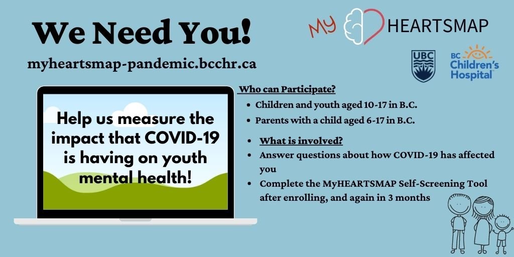 Tyler Black, MD (@tylerblack32) on Twitter photo 5 days to go!
Our team at <a href="/BCChildrensHosp/">BC Children's Hospital</a> is studying the impact of COVID-19 on youth mental health & we need you! If you live in BC & are 10-17 years old or a parent of a child 6-17 years old click the link to learn more about how you can participate!
myheartsmap-pandemic.bcchr.ca 5 days to go!
Our team at <a href="/BCChildrensHosp/">BC Children's Hospital</a> is studying the impact of COVID-19 on youth mental health & we need you! If you live in BC & are 10-17 years old or a parent of a child 6-17 years old click the link to learn more about how you can participate!
myheartsmap-pandemic.bcchr.ca