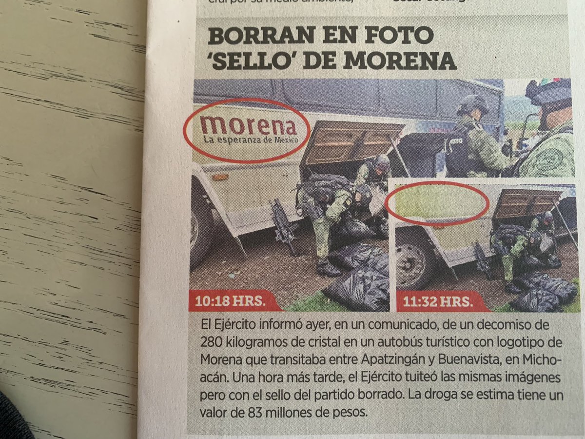 JoseAntonioLo06's tweet image. No soy mal pensado pero algo muy grave pasó aquí.

El Ejército edito la foto para borrar el logo de MORENA en el camión que detuvo con 280 kilogramos de la Droga Cristal con valor de más de 5 Millones de dólares. .

vía @Reforma