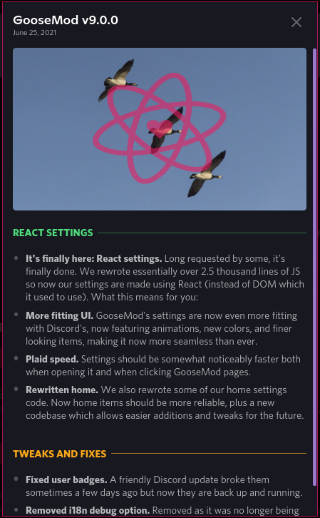 Goose_Mod's tweet photo. GooseMod v9.0.0 has been released! React settings at long last! More detail in new type of changelog, attached. https://t.co/00tVI7SU6u