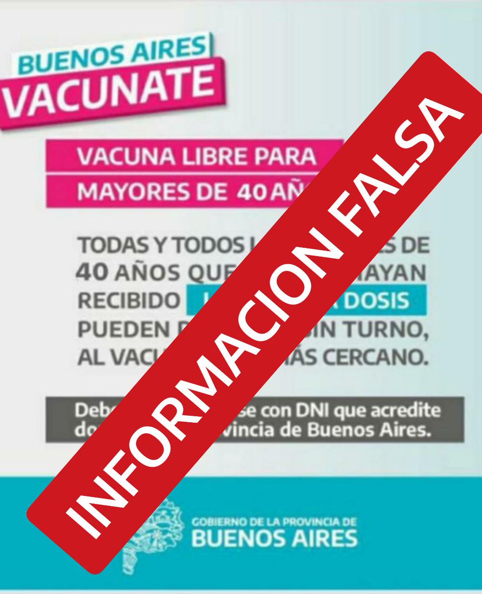 Mañana arranca en <a href="/BAProvincia/">Gobierno PBA</a> la  VACUNA LIBRE PARA MAYORES DE 50 AÑOS. Pero empezó a circular FALSA INFORMACIÓN que dice que es desde 40. Buscan generar confusión y caos en las postas con la angustia de la gente atentando, una vez más, contra la campaña de vacunación.