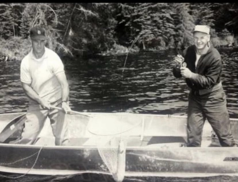 TicTaylor's tweet image. As a guy from Prince Albert, who loves hockey, fishing, and Waskiseiu. This might be the greatest picture. Johnny Bower on the rod and Gordie Howe on the net in Waskiseu. Unreal!