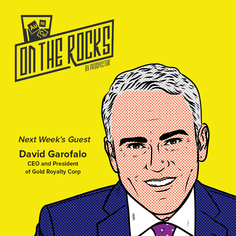 ProspectorAI's tweet photo. On the next episode of our podcast #OnTheRocks, host Emily King chats with David Garofalo, CEO and President of @GoldRoyaltyCorp. Emily &amp; David chat about royalty innovations in #mining. Launching Tuesday, June 29 at 12 pm ET. https://t.co/9omUkdl7Z3