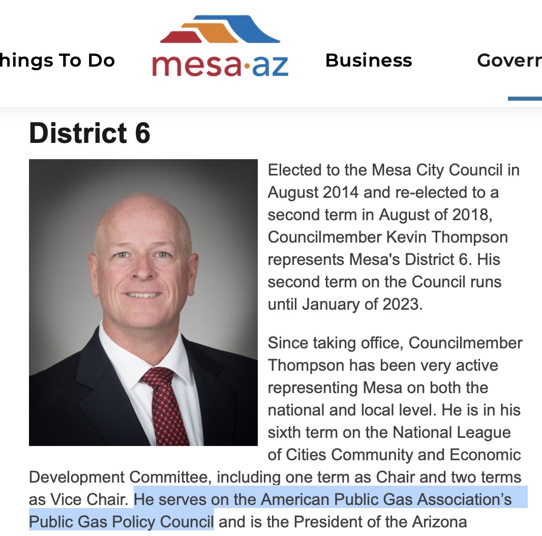 leewah's tweet photo. Ominous: Kevin Thompson, a 16-year Southwest Gas manager / administrator before he was elected to the Mesa city council, and an official with the American Public Gas Association, has filed a statement of interest to run for the Arizona Corporation Commission. #AZCorpComm #AZCC https://t.co/x2BtwHUYPS