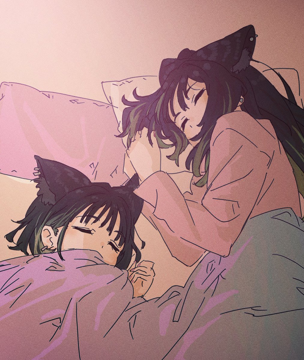 animal ears multiple girls 2girls closed eyes sleeping black hair pillow  illustration images