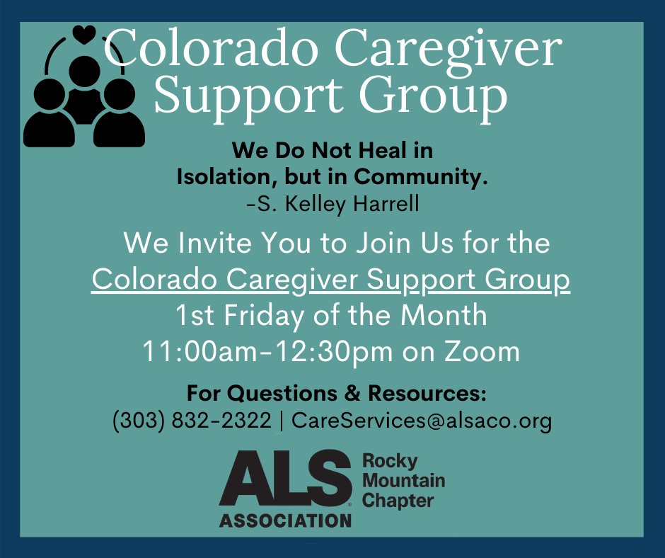 Join us Friday, July 2nd for the Colorado Caregiver Support Group! To get the Zoom Link &amp; to RSVP, contact Suzanne at: CareServices@alsaco.org | (303) 832-2322

#ALS #ALSRMC #OurALSCommunity #SupportGroups