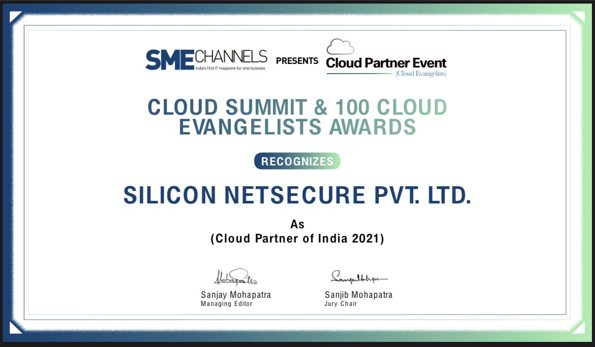 Siliconetsecure's tweet image. “The secret to winning is Consistent Team Efforts and Commitment to Excellence.”

A proud moment for Silicon Netsecure - #SNPL wins the “Top 100 Cloud Partners Award&quot; at the #SMEChannels Cloud Partner Summit &amp;amp; Awards 2021.  #TeamSNPL

Thank you @sanjayaccent @accentInfomedia