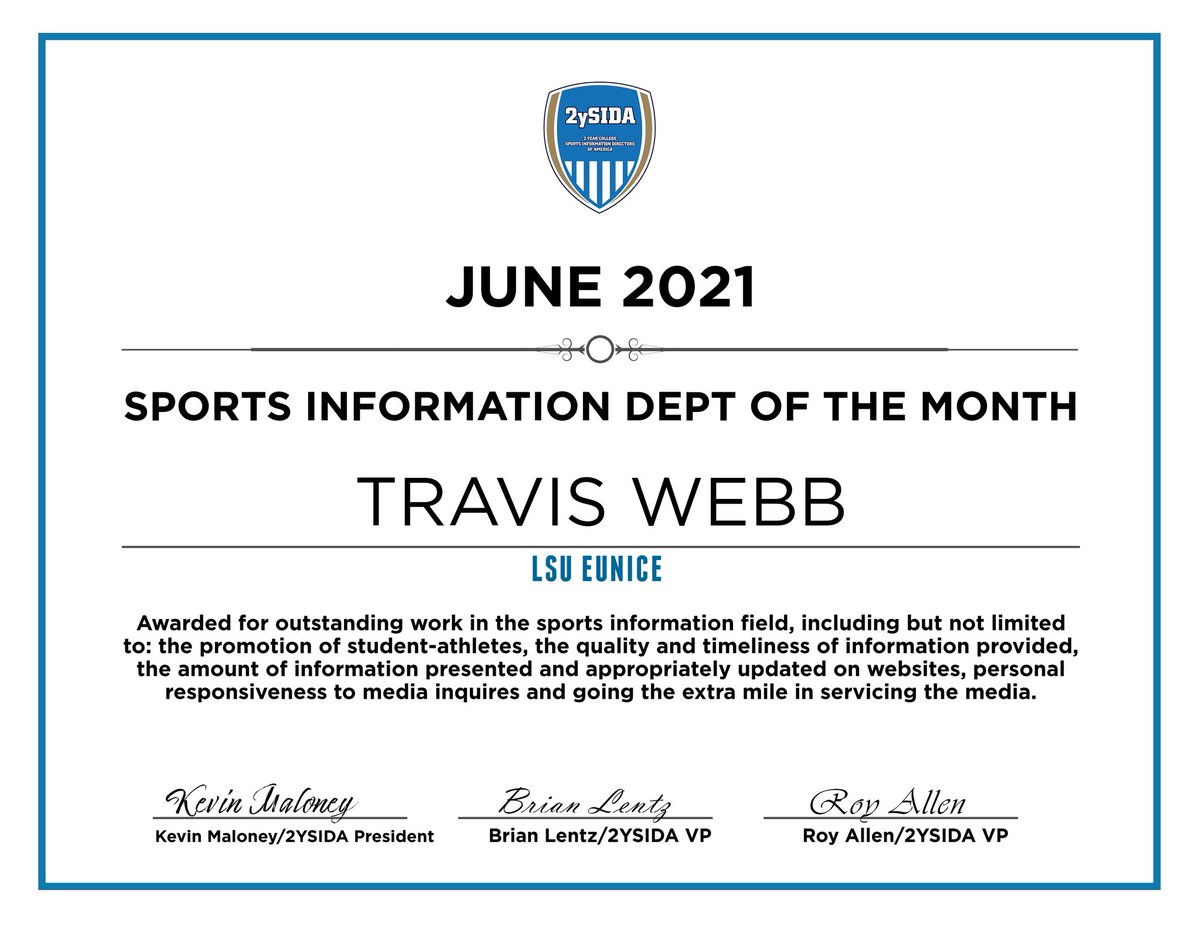2YSIDA (@2ysida) on Twitter photo Congratulations to <a href="/LSUEBengals/">LSU Eunice Athletics</a>’ Travis Webb on being named our 2YSIDA SID of the Month for June! Webb doubles as the SID & Public Relations Director at LSUE. Keep up the great work, Travis! Congratulations to <a href="/LSUEBengals/">LSU Eunice Athletics</a>’ Travis Webb on being named our 2YSIDA SID of the Month for June! Webb doubles as the SID & Public Relations Director at LSUE. Keep up the great work, Travis!