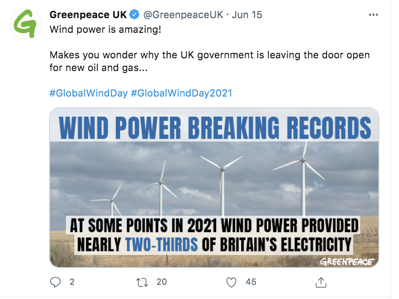 They are masters in greenwashing, they tell that UK has 66% of renewables energy many times, in 2nd post you can see that this is just not true at all.April 2021 majority is Gas & Biomass, Wind is blue on the next slide. Renewable days are around 30 in a year. in 365 days.