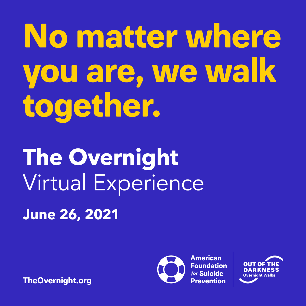 afspnational's tweet photo. We hope you'll join us tomorrow, June 26th, for our Overnight Virtual Experience! Join thousands who understand suicide's impact. Participate with us and raise needed funds for suicide prevention: https://t.co/4n2j9v3354

No matter where you are, we walk together. 💙 https://t.co/lRZOsy0ix4