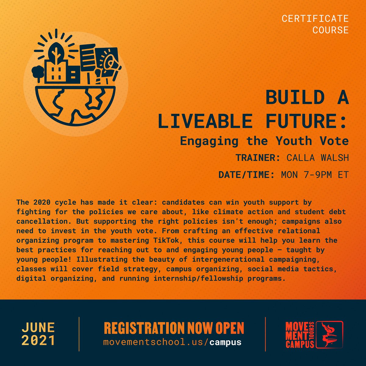 It's not about just the next election, it's about the next generation. 

To build a liveable future we must engage youth and center their voices. Learn from the amazing <a href="/CallaWalsh/">Calla</a> on topics ranging from intergenerational organizing, internship/fellowships and field strategy.