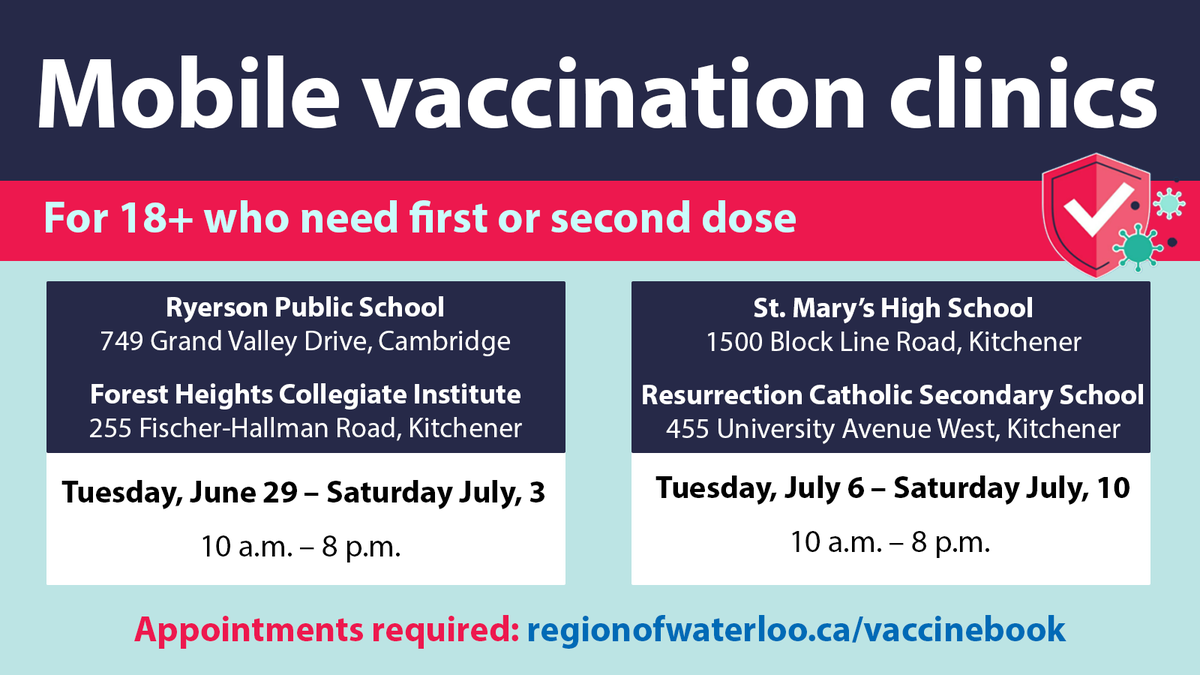 Anyone 18+ can book a first and second dose at upcoming mobile clinic locations. Your second dose must be booked for no earlier than 28 days after your first mNRA dose, or 56 days after you received AstraZeneca. Book here: regionofwaterloo.ca/vaccinebook