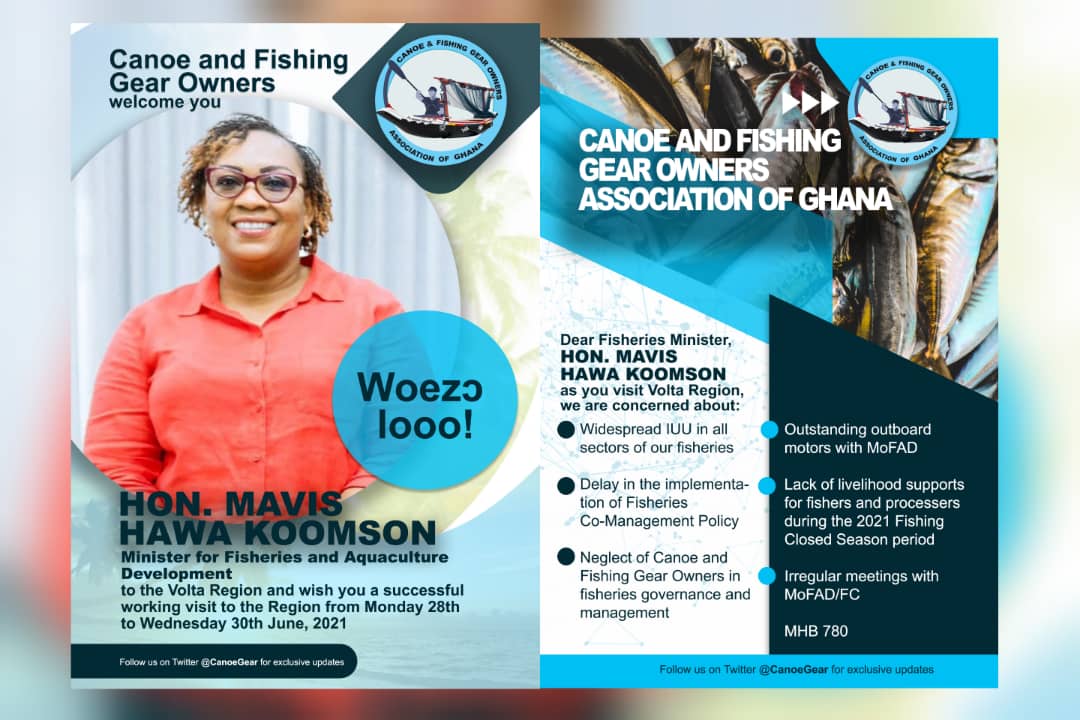 Canoe & Gear Owners Association of Ghana (CaFGOAG) (@canoegear) on Twitter photo We welcome <a href="/mhawakoomson/">Hon. Mavis Hawa Koomson</a> to the Volta Region.
<a href="/ghana_mofad/">MOFAD_GHANA</a> @IFGProject <a href="/GhanaFoN/">FoN Ghana</a> <a href="/ejfoundation/">Environmental Justice Foundation</a> <a href="/FisheriesGhana/">Fisheries Ghana</a> <a href="/FCWC_CPCO/">FCWC/CPCO</a> <a href="/ccm_ucc/">Centre for Coastal Management</a> We welcome <a href="/mhawakoomson/">Hon. Mavis Hawa Koomson</a> to the Volta Region.
<a href="/ghana_mofad/">MOFAD_GHANA</a> @IFGProject <a href="/GhanaFoN/">FoN Ghana</a> <a href="/ejfoundation/">Environmental Justice Foundation</a> <a href="/FisheriesGhana/">Fisheries Ghana</a> <a href="/FCWC_CPCO/">FCWC/CPCO</a> <a href="/ccm_ucc/">Centre for Coastal Management</a>