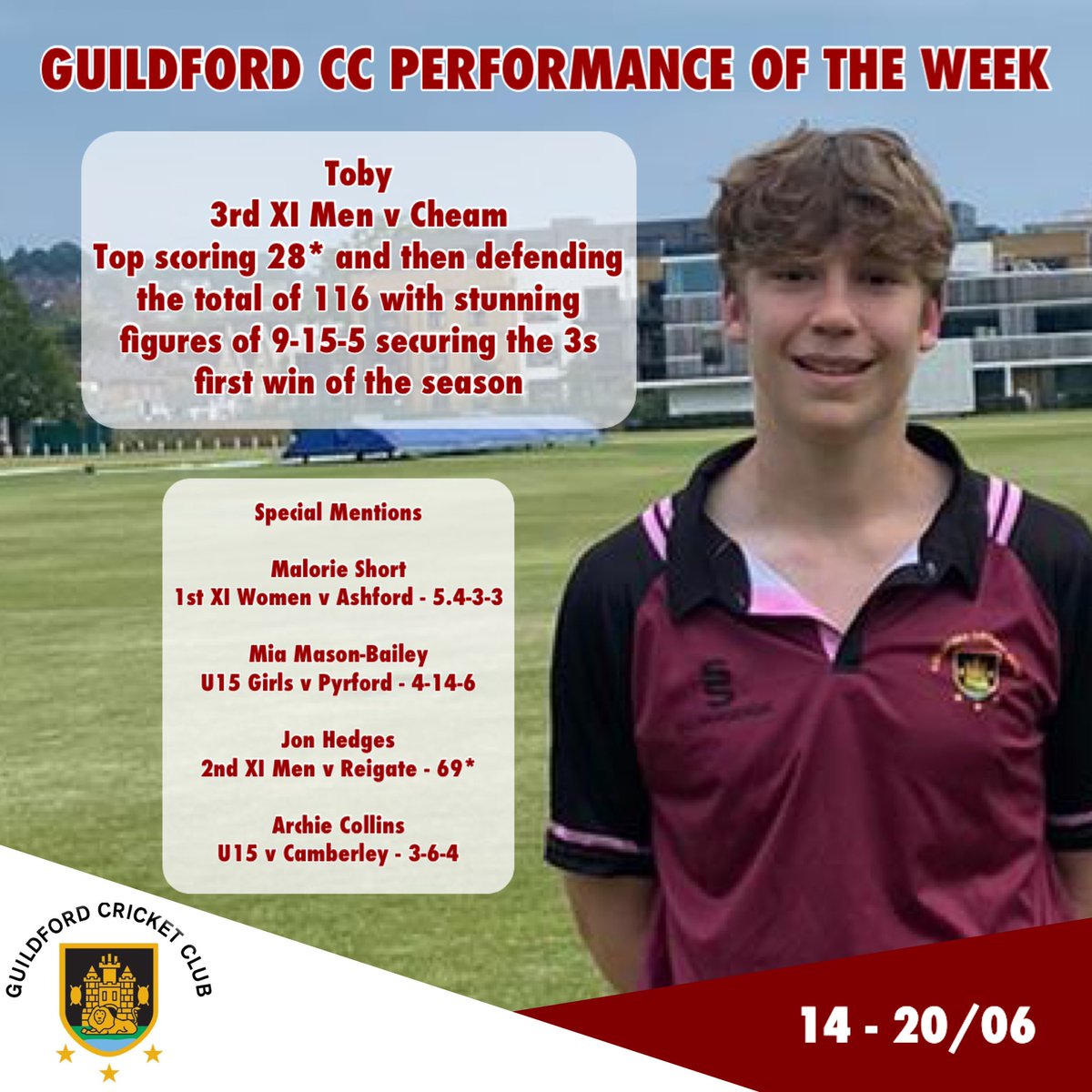GuildfordCC's tweet image. Performance of the Week

A great week for the bowlers at GCC

The winning performance goes to Toby for his performance for the 3rd XI Men but the special mentions all played exceptionally last week!

Will you feature in next week #performanceoftheweek

#cricket #guildford #surrey