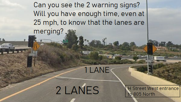 ThisIsAaronPaul's tweet photo. @10NewsCoronel Got an email from @SDCaltrans that they "commit" to resolve this issue. Let's see how long it takes. Situation: Warning signs obscured by traffic lights on H St West to 805 North. https://t.co/sJj5ra5GXR