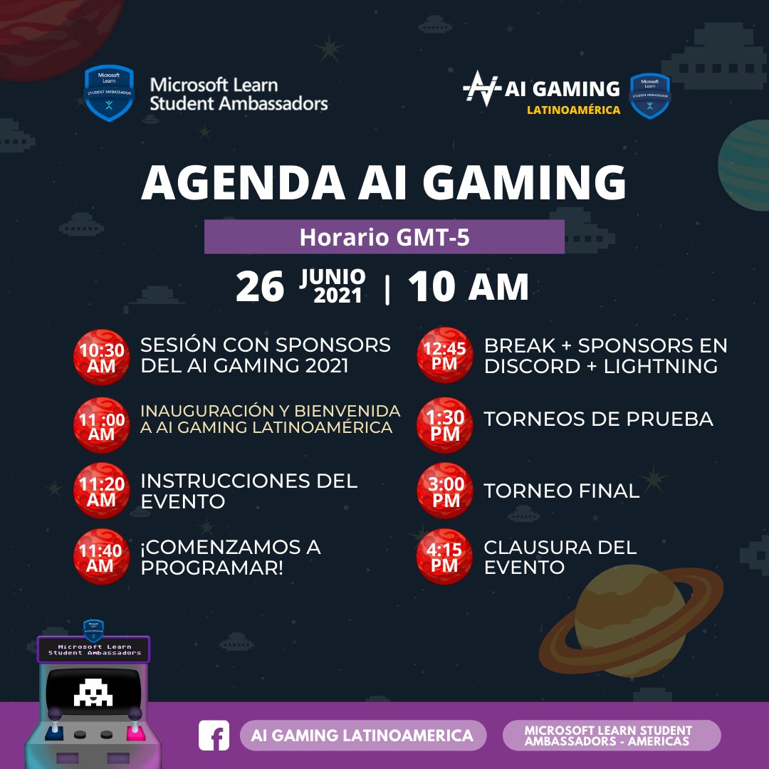 🤖 AI Gaming Latinoamérica 🕺

¡Hola a tod@s! 😀 Este sábado tendremos AI Gaming para aprender sobre Inteligencia Artificial y construir nuestro bot con Computer Vision. 🙌 

¡Les esperamos! ⭐️
👨‍💻 notion.so/AI-Gaming-Lati…
#AIGamingLatam #MSFTStudentAmbassadors 😎