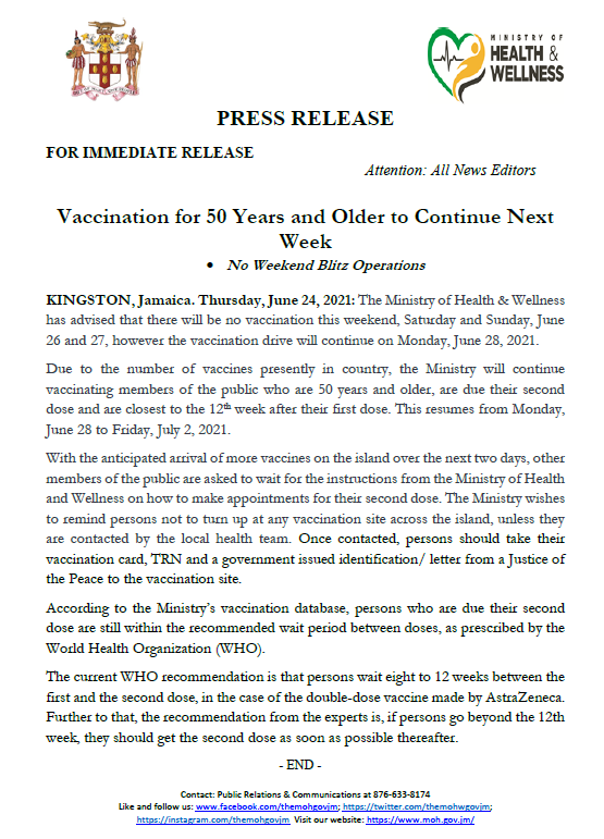 themohwgovjm's tweet photo. #VaxUpdate There will be no vaccination this weekend, Saturday and Sunday, June 26-27.We will continue vaccinating persons who are 50 years and older, are due their 2nd dose and are closest to the 12th week mark. This resumes from Mon. June 28 to Fri, July 2. @christufton https://t.co/rgdjxg99cB