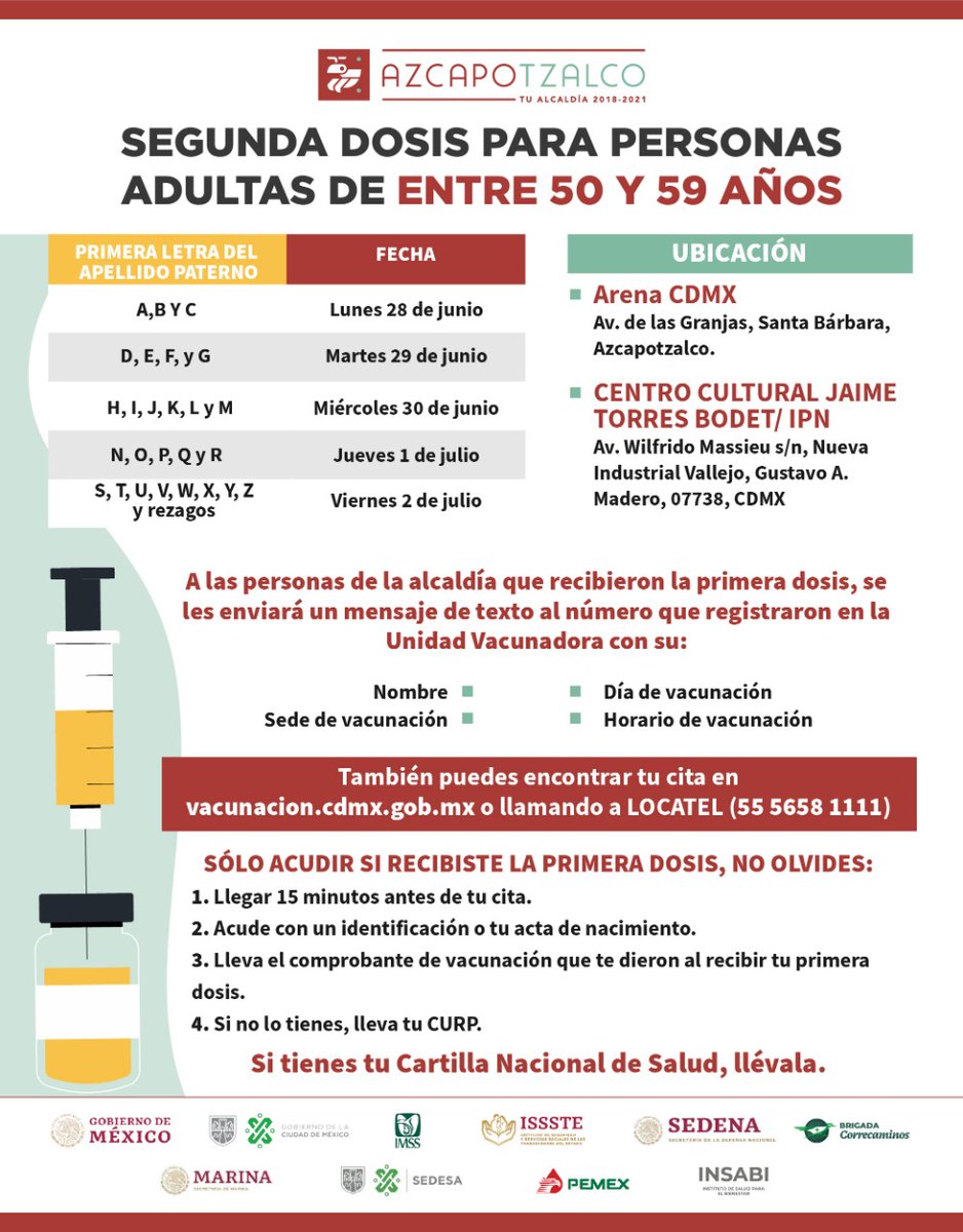 PcAzc's tweet image. Recuerda que del lunes 28 de junio al viernes 2 de julio hay jornada de vacunación en #Azcapotzalco atiende lo siguiente: