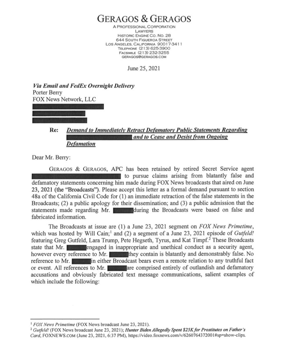 meiselasb's tweet photo. Today our law firm sent the following demand for immediate retraction letter to Fox News for knowingly and maliciously defaming a retired Secret Service member. https://t.co/D9iZEbqcdb