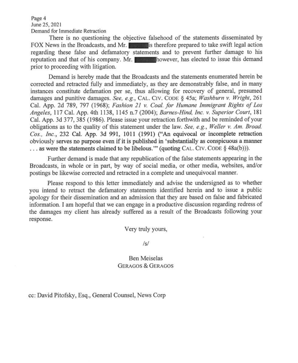 meiselasb's tweet photo. Today our law firm sent the following demand for immediate retraction letter to Fox News for knowingly and maliciously defaming a retired Secret Service member. https://t.co/D9iZEbqcdb