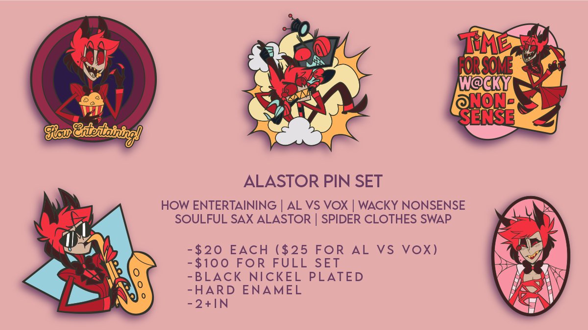 BatsyBunny's tweet photo. PREORDERS LIVE! Pls read subtweets before dming/tweeting with questions #HazbinHotel #HazbinHotelFanart #alastor #hazbinhotelalastor #huskerdust #chaggie #hazbinhotelvox #charliemagne #vaggie #enamelpin #enamelpins https://t.co/3eyHCeePnY