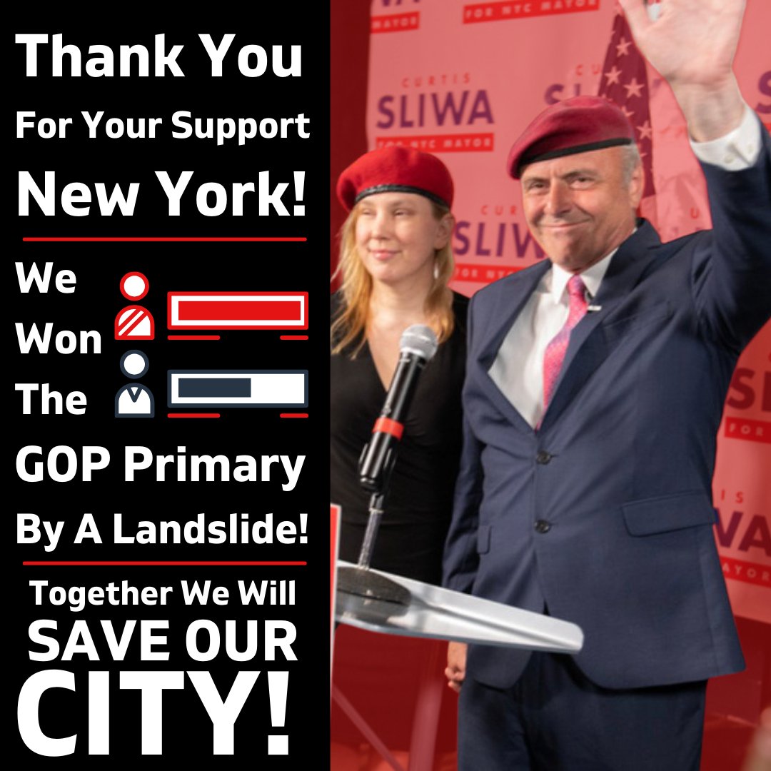 THANK YOU NEW YORK! Thanks to your support we won the 2021 Republican Primary for New York City Mayor by more than 70% and growing!!!
ow.ly/rH7Y50FiQMh
#CurtisSliwaForMayor #SliwaForNYC2021 #SaveOurCity  #CurtisSliwa #SliwaForMayor #SliwaForNY