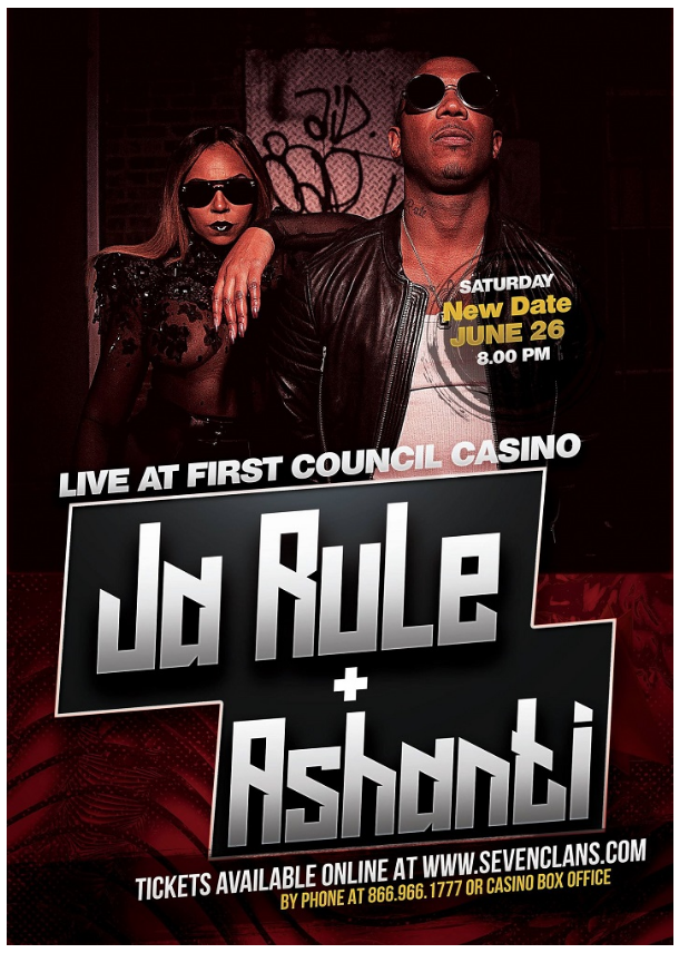 We released a limited amount of tickets for <a href="/jarule/">Ja Rule</a>  + <a href="/ashanti/">ASHANTI</a> at 7 Clans First Council Casino in #Newkirk, #Oklahoma tomorrow night, snag your seats before they're gone!

Tickets: bit.ly/AshantiJaRuleF…