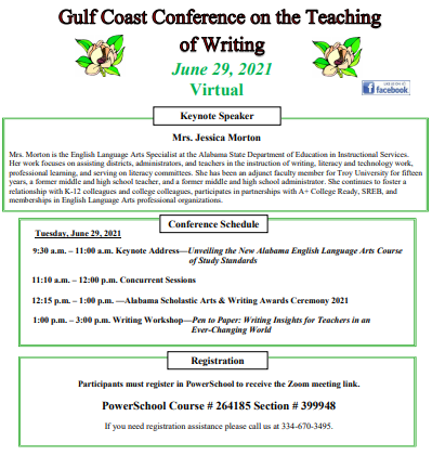 Be sure to register for next week's Gulf Coast Conference on the Teaching of Writing. You do NOT want to miss this free, virtual event. PowerSchool Course #264185 Section #399948 #NewELACOS #WritingTips <a href="/AlabamaAchieves/">Alabama State Department of Education</a> <a href="/ALSDEOSI/">ALSDE Office of School Improvement</a>