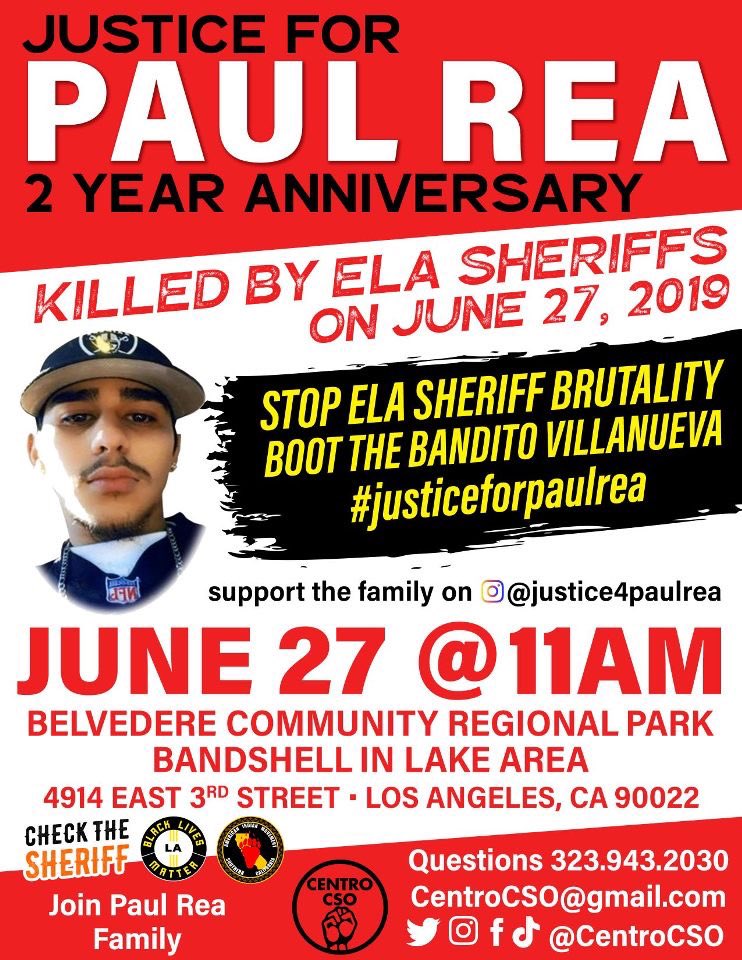 SFBLBL_LA's tweet photo. SUNDAY! Stand with the family of Paul Rea and demand #JusticeForPaulRea this Sunday, June 27th at 11 am.

@justice4paulrea is standing up and saying: STOP East LA @LASDHQ brutality and BOOT THE BANDITO @LACoSheriff. #GoogleLASDgangs #BootTheBandito https://t.co/ro5aV7WWbi