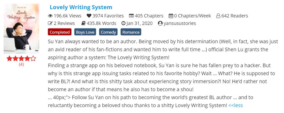 BLPalace's tweet photo. ✍️LOVELY WRITING SYSTEM by @yansusustories✍️

Su Yan is "gifted" with a system that "encourages" him to write BL~

[436k, PG, Boys Love, Modern Setting, Humourous]

Link to completed novel!  https://t.co/i5ZyctpEFE

#BL #webnovel #weblit https://t.co/n6bKIudYMO