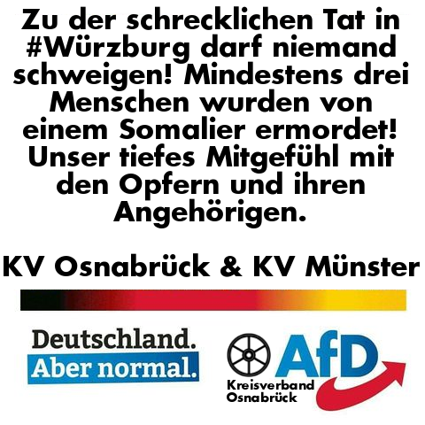 AfD_Muenster's tweet photo. Unser tiefes Mitgefühl mit den Opfern und ihren Angehörigen!😢
Im #ZDF läuft trotzdem das #DangerDan-Gift gegen die, die vor diesen Folgen verfehlter #Migrationspolitik warnten! Der #Rundfunkbeitrag muss weg! #Würzburg #Somalier #Somalia #Migration #Grenzen #GEZ #FreeGeorgThiel https://t.co/Xpbjy1QvhO