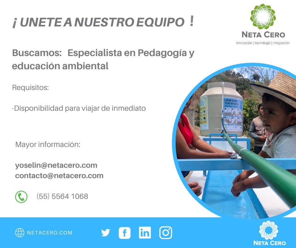 NetaCero's tweet photo. ¡Es el momento para que se unan al equipo #NetaCero, y juntos construyamos un futuro más sustentable! 🙌

Estamos en busca de personal especializado en #WASH y en educación ambiental. 🌧️☀️ https://t.co/nK81qDvALf