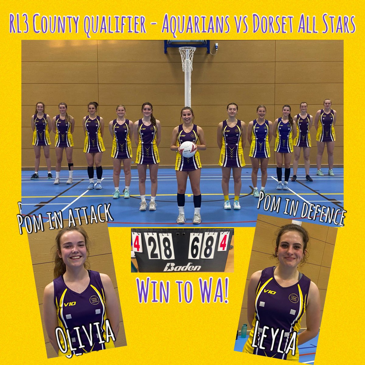 AquariansNC's tweet image. Great game tonight in @NetballinDorset RL3 county qualifier. All players out on court to take a great win against Dorset All Stars to qualify for the @NetballSW RL3 qualifiers. POM in attack 🌟Olivia🌟 POM in defence 🌟 Leyla 🌟 #netballlife  #beanaquarian #netballgoals 💜🏐💛