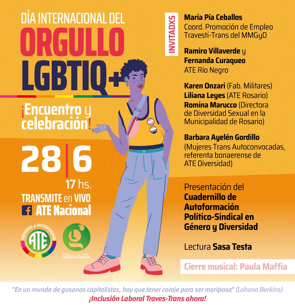 La24F's tweet photo. ¡Este lunes 28, nos encontramos y celebramos el Día Internacional del Orgullo LGBTIQ+! 🏳️‍🌈
Desde las 17hs seguí la Transmisión en vivo x el Face de ATE Nacional

Invitadxs especiales y presentación del nuevo cuadernillo d Autoformación en Género y Diversidad

Cierra  @PaulaMaffia https://t.co/IdOBP5FQbu