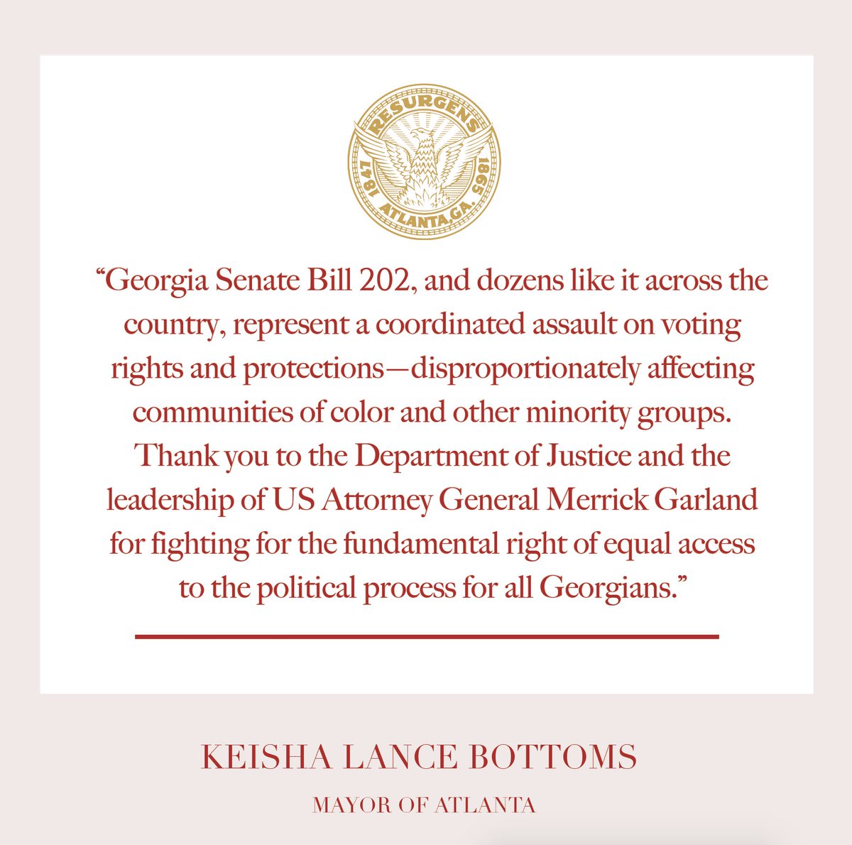 CityofAtlanta's tweet image. Mayor @KeishaBottoms’ statement on the U.S. Department of Justice’s lawsuit challenging Georgia voting restrictions.