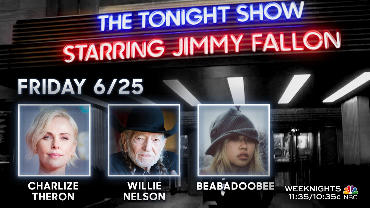 FallonTonight's tweet photo. COMING UP:

✍️ Thank You Notes 
🎥 @CharlizeAfrica
💬 @WillieNelson
🎼 Performance from @beabad00bee
 
#FallonTonight https://t.co/1numAB2rZW