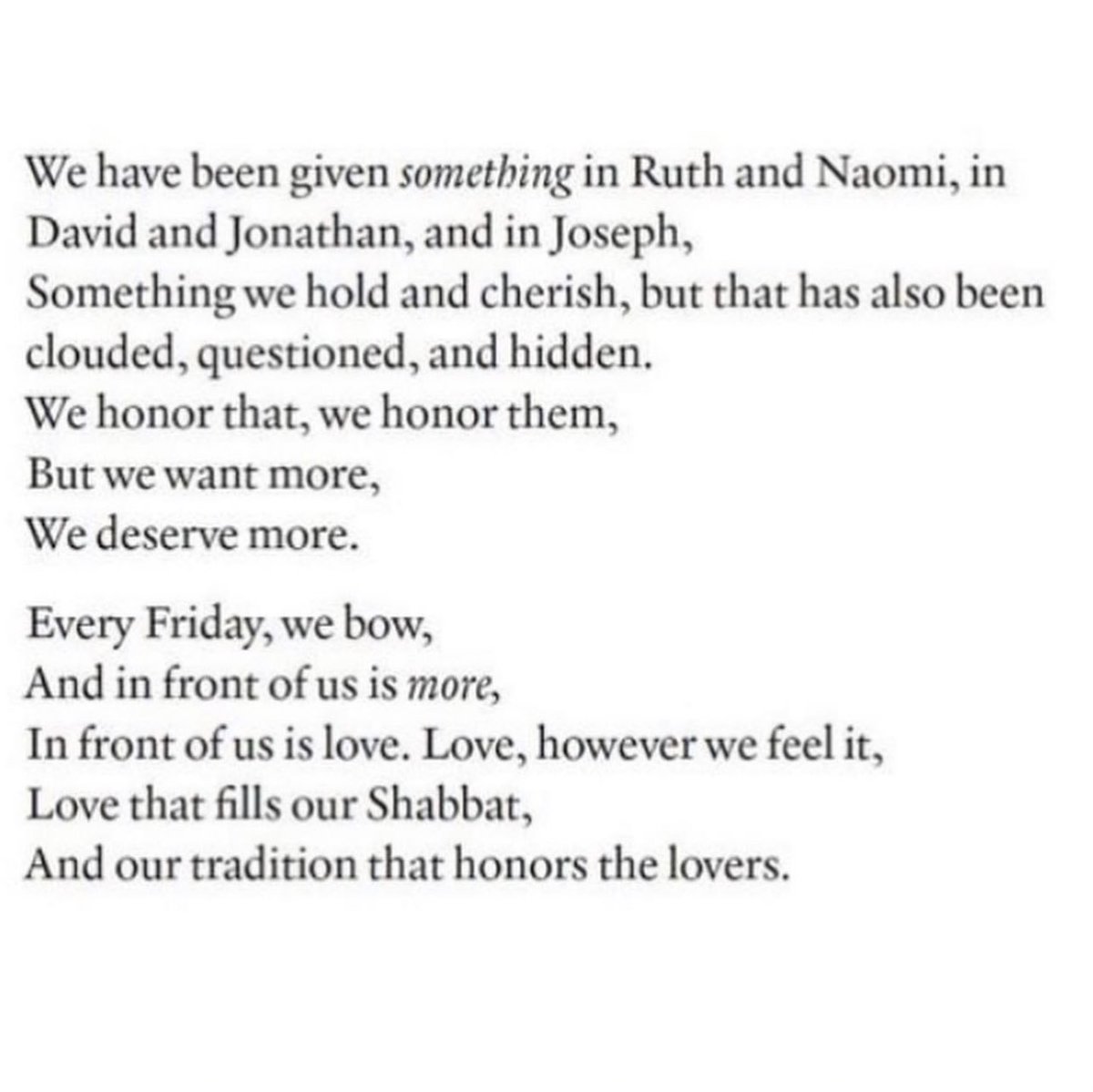 Beautiful words of poetry and prose by Rachel Joy Bell. As we welcome in our pride Shabbat, we want you all to know you’re loved as you are. B’tzelem Elohim. <a href="/rachel_joyy/">rachel</a>
