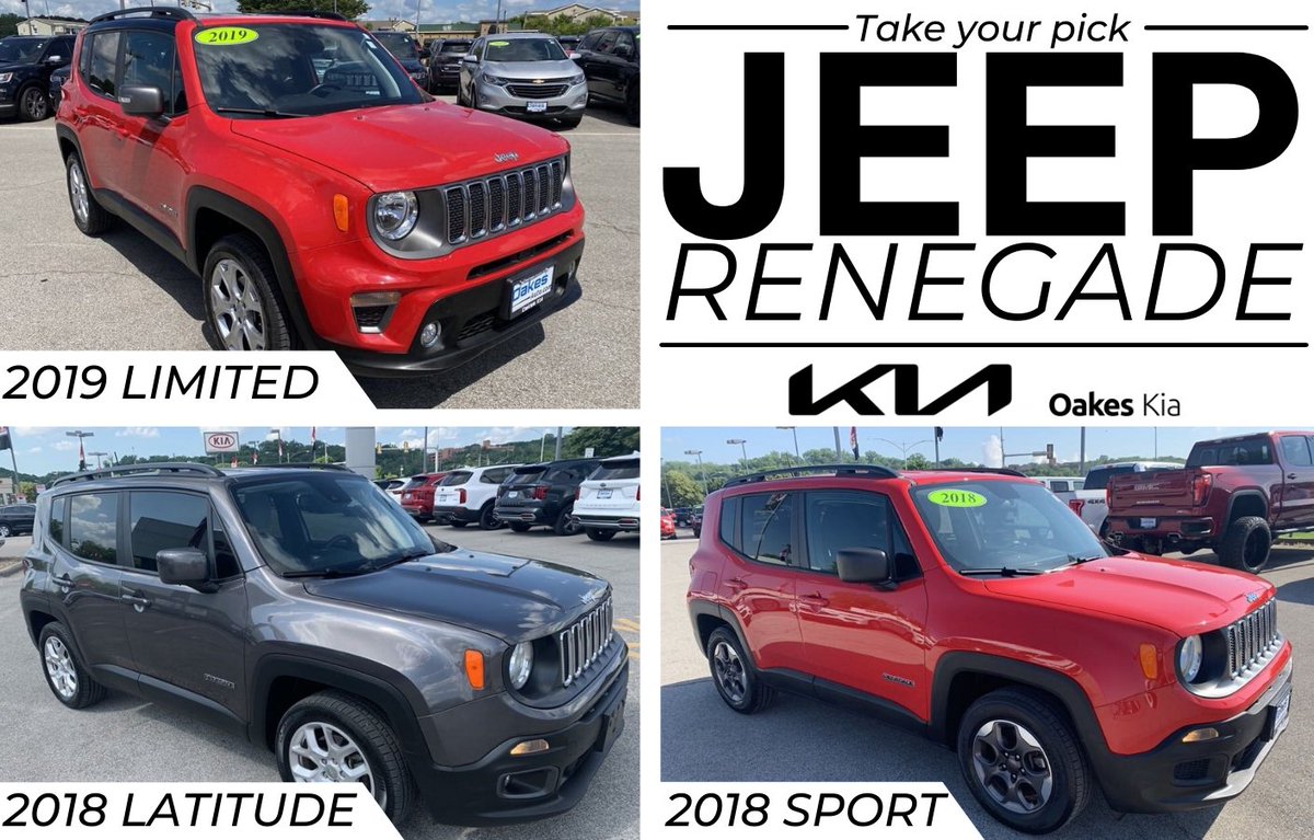 Oakes Kia has not 1, not 2, but 3 Jeep Renegades to choose from. Take your pick - Limited, Sport or Latitude!

Call us to schedule your test drive. 816.474.2900
Check out the full specs of all 3 here: rb.gy/k9kg2b