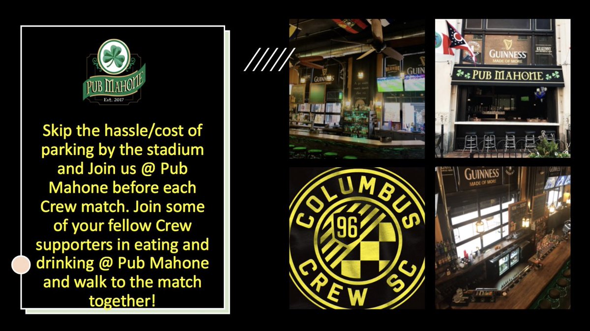 Pub_Mahone's tweet photo. Join us before each home match for game day deals on food and drinks. Skip the hassle of parking in congested areas and walk with us to the match! #pubmahone #columbuscrew https://t.co/S9Fkq7kkGU